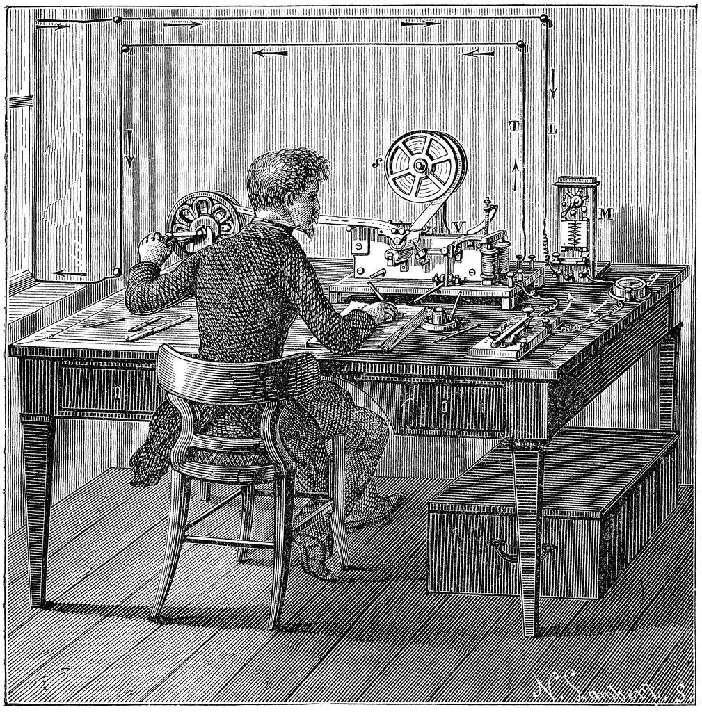 Detail of Operator receiving a message in Morse code on an electric printing telegraph, 1887 by Unknown