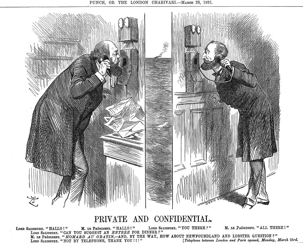 Detail of Private and Confidential, opening of the Anglo-French telephone line, 1891 by John Tenniel