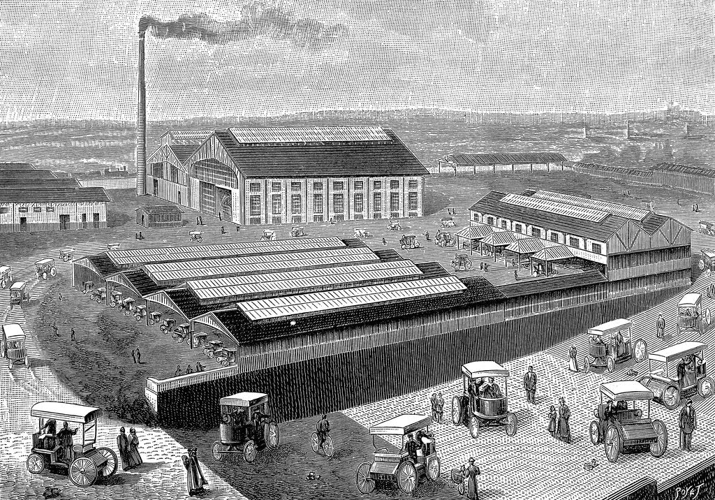 Detail of Factory for making, recharging and servicing electric cabs, Aubervilliers, France, 1899 by Unknown