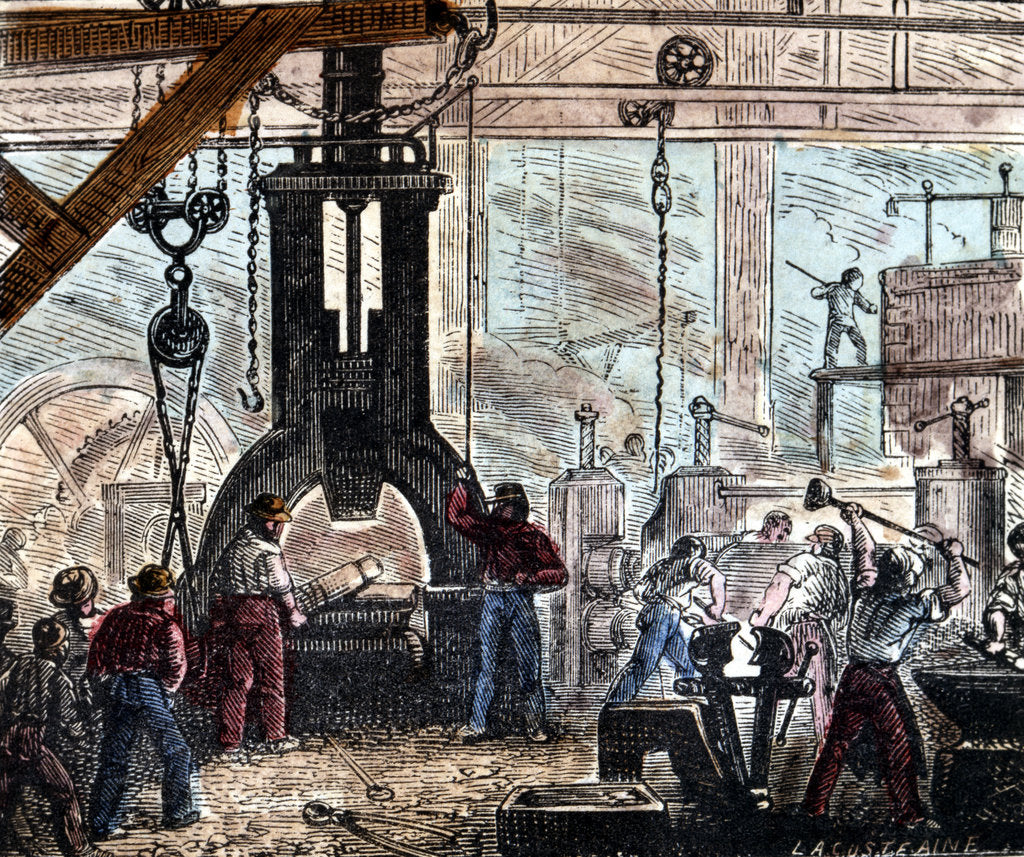 Detail of Steam hammer being used in an ironworks, France, 1867 by Unknown