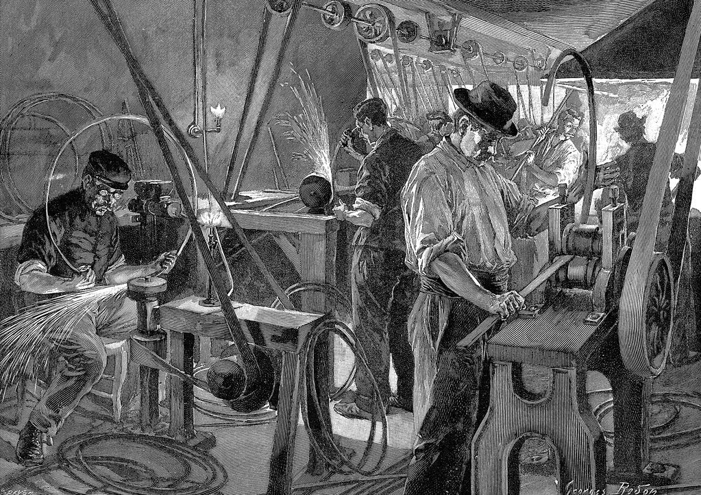 Detail of Bicycle manufacture, France, 1896 by Unknown