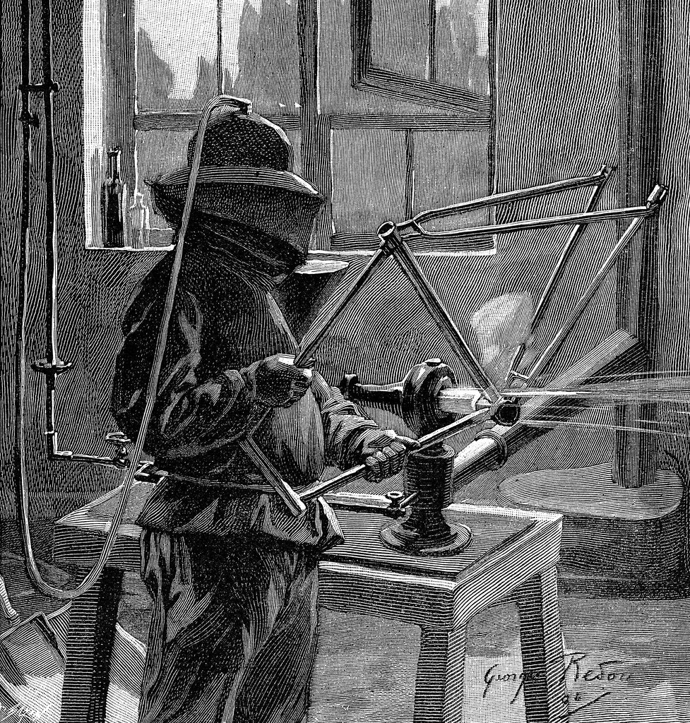 Detail of Sandblasting the joints of a bicycle frame, France, 1896 by Unknown