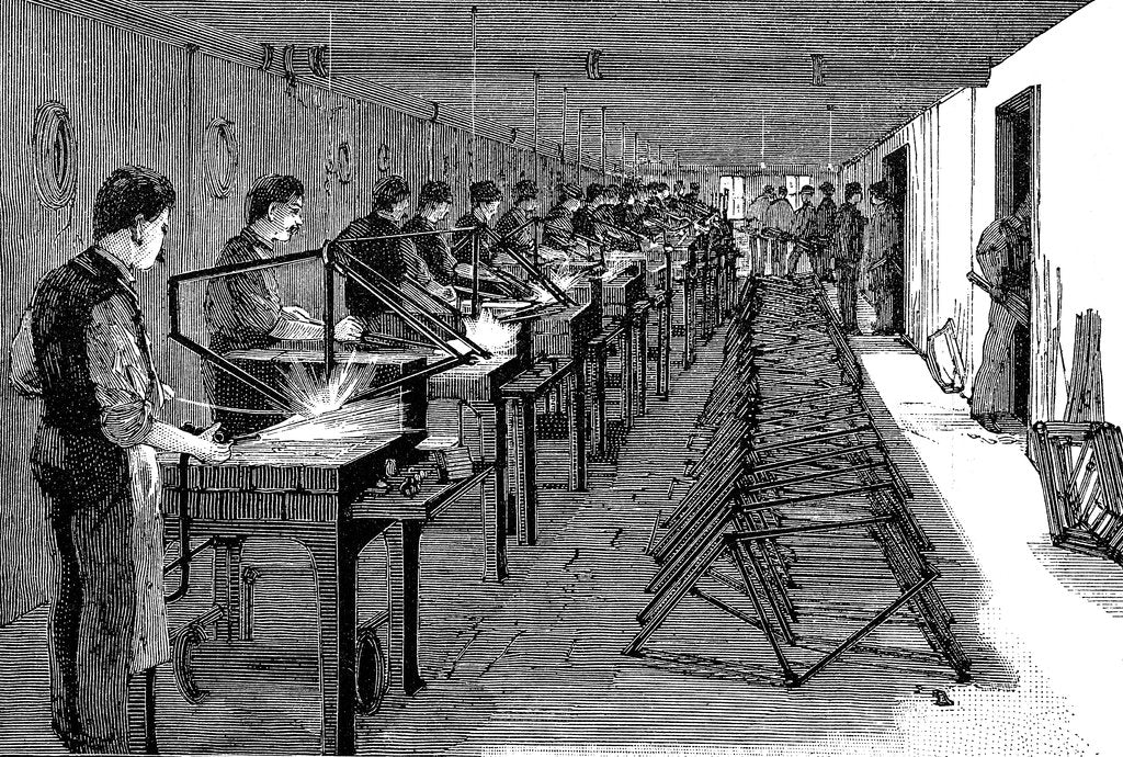 Detail of Welding bicycle frames in an American factory, 1900 by Unknown