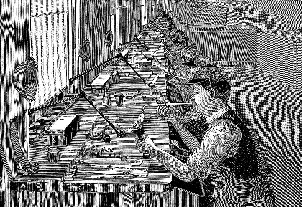 Detail of Soldering bicycle parts in an American factory, c1900 by Unknown