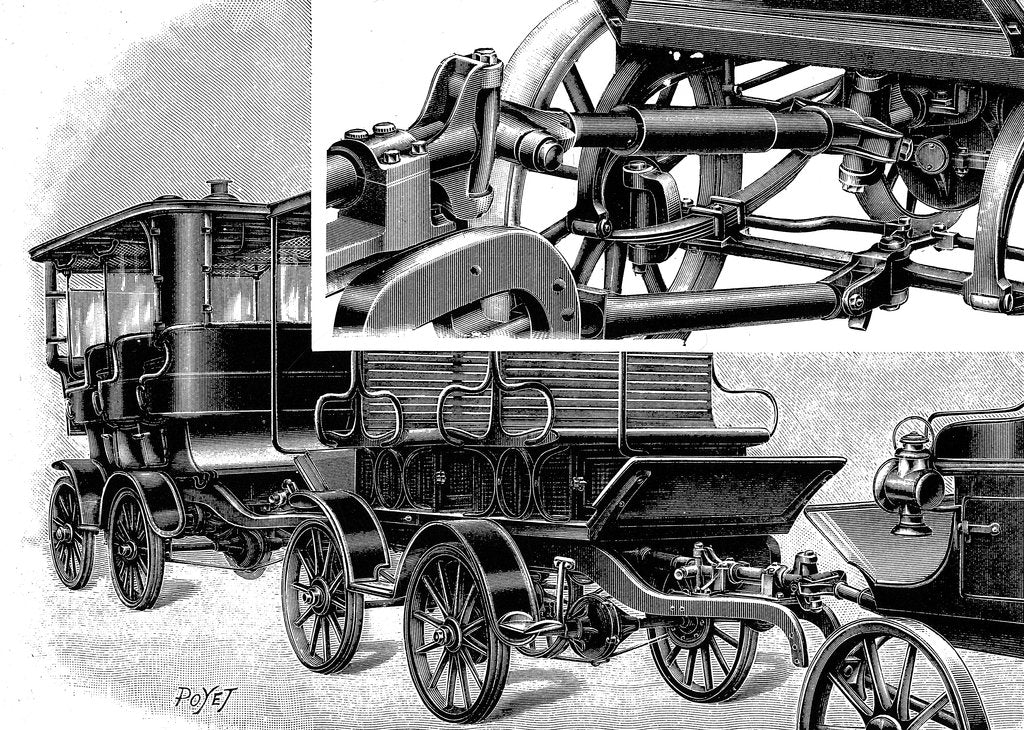 Detail of Renard's automobile train, showing coupling (top right) and a train of wagons, 1904 by Unknown