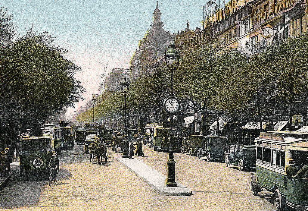 Detail of Boulevard des Italiens, Paris, with cars and motor buses on the street, c1900 by Unknown