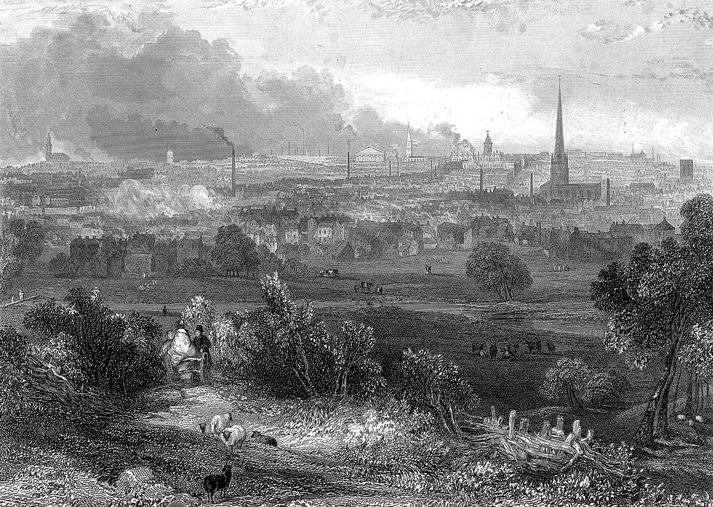 Detail of Birmingham viewed from the south showing smoking chimneys, c1860 by Unknown