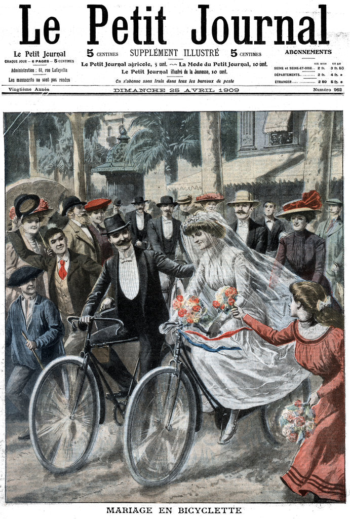 Detail of Wedding party on bicycles led by the bride and bridegroom, Nice, France, 1909 by Unknown