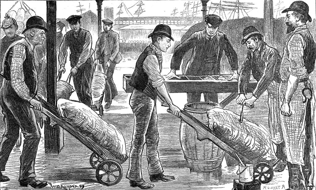 Detail of Dockers unloading sugar at West India Docks, London, 1889 by Unknown