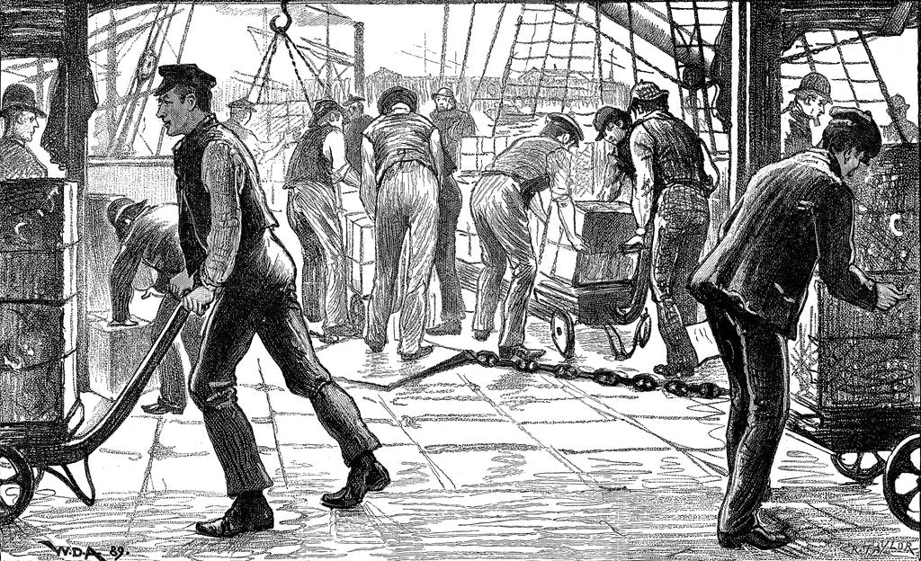 Detail of Dockers unloading tea in London Docks, 1889 by Unknown