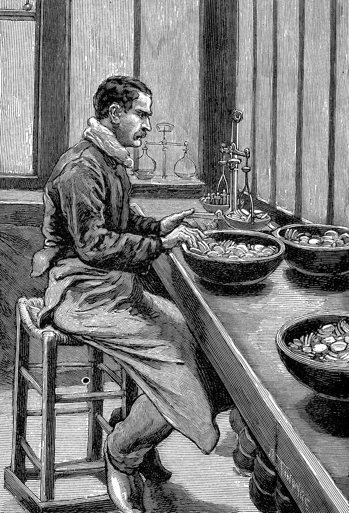 Detail of Testing the weight of gold pieces, Paris mint, 1892 by Unknown