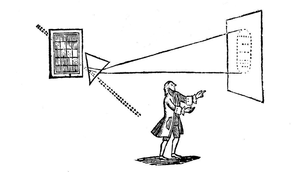 Detail of Newton's experiment splitting white light into the colours of the spectrum by a prism, 1757 by Unknown