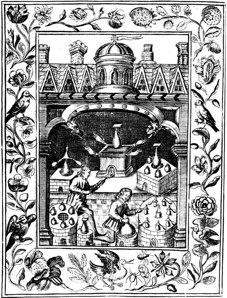 Detail of Alchemical laboratory showing various forms of furnace and vessels, 1652 by Unknown