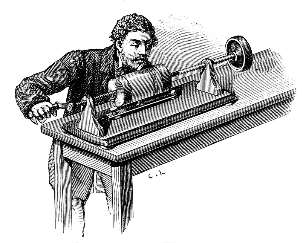 Detail of Making recording on first model of Thomas Edison's Phonograph, c1878 by Unknown