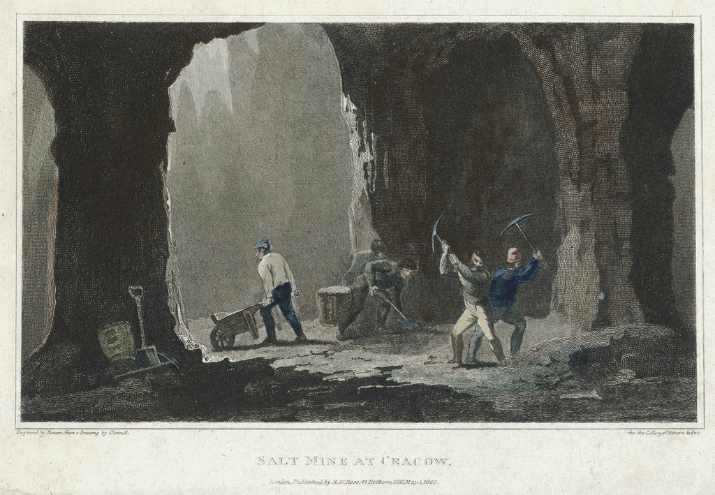 Detail of Rock Salt: Miners at work in salt mine near Cracow, Poland, c1820 by Unknown