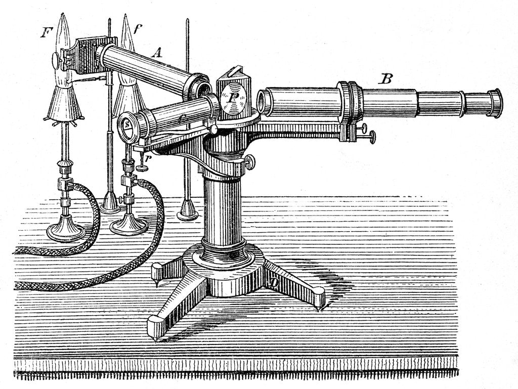 Detail of Spectroscopic apparatus used by Robert Wilhelm Bunsen and Gustav Robert Kirchhoff, c1895 by Unknown