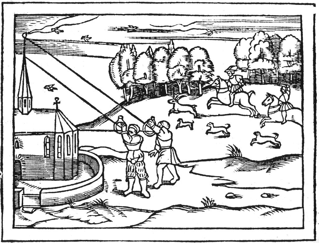 Detail of Using astrolabes to calculate the height of a steeple, 1539 by Petrus Apianus