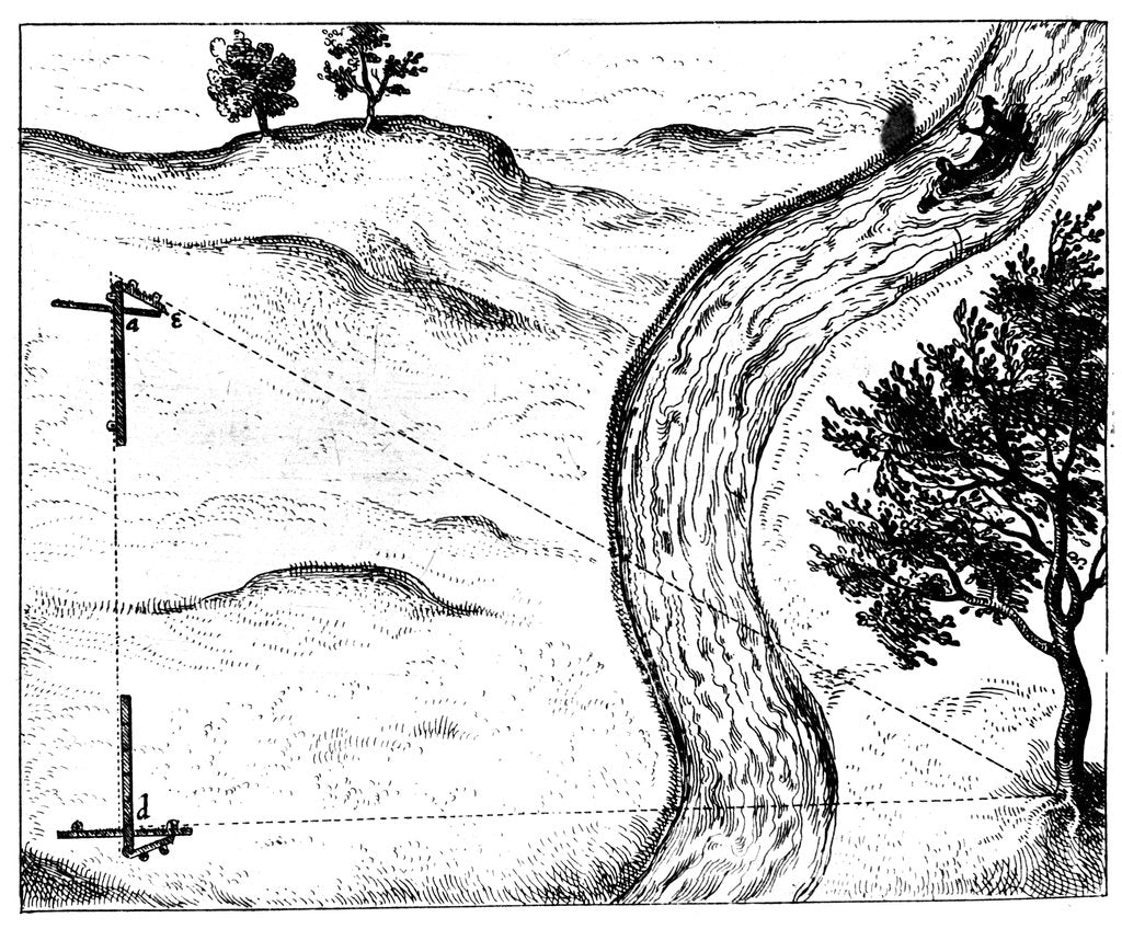 Detail of Measuring the distance of an inaccessible object by triangulation using a hinged staff, 1617-1619 by Unknown