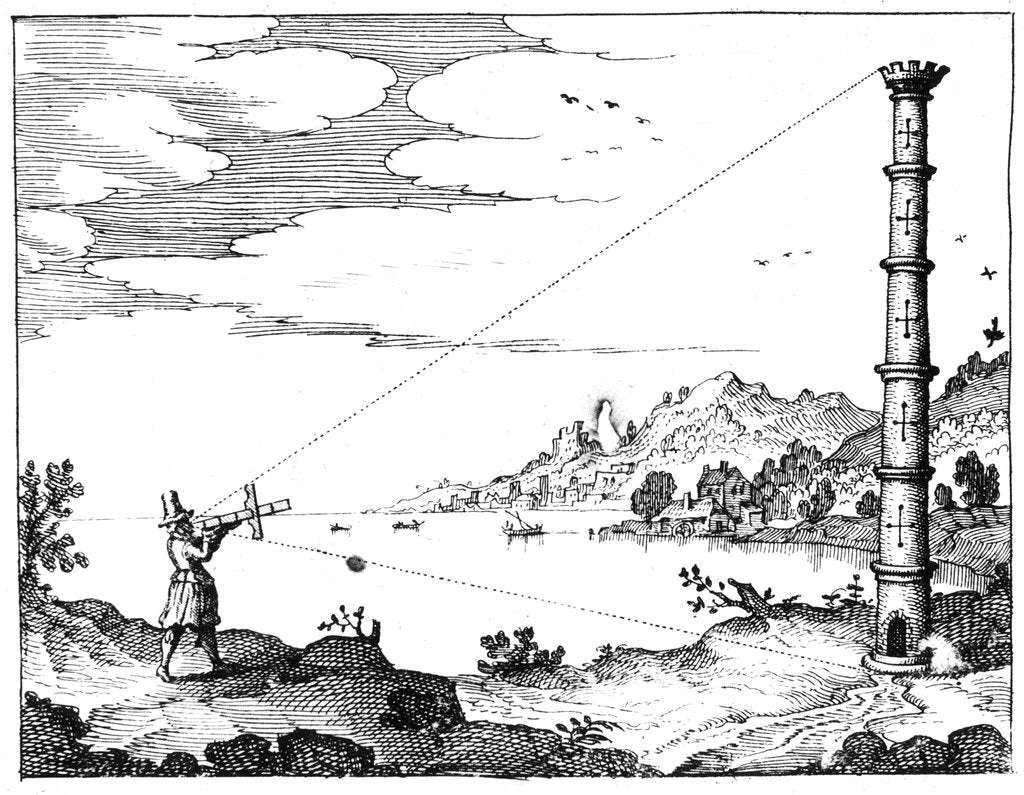 Detail of Using a cross-staff to measure the height of a tower, 1617-1619 by Unknown