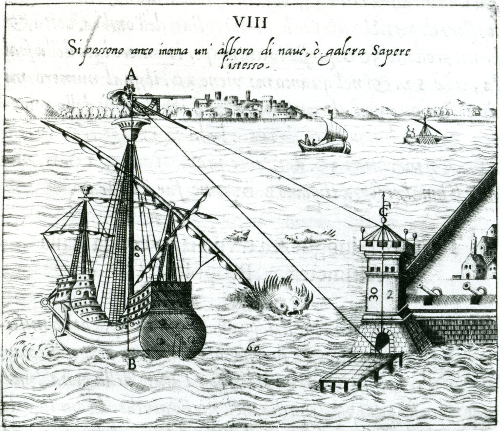 Detail of Measuring the distance from ship to shore, using a quadrant marked with shadow-scales, 1598 by Unknown