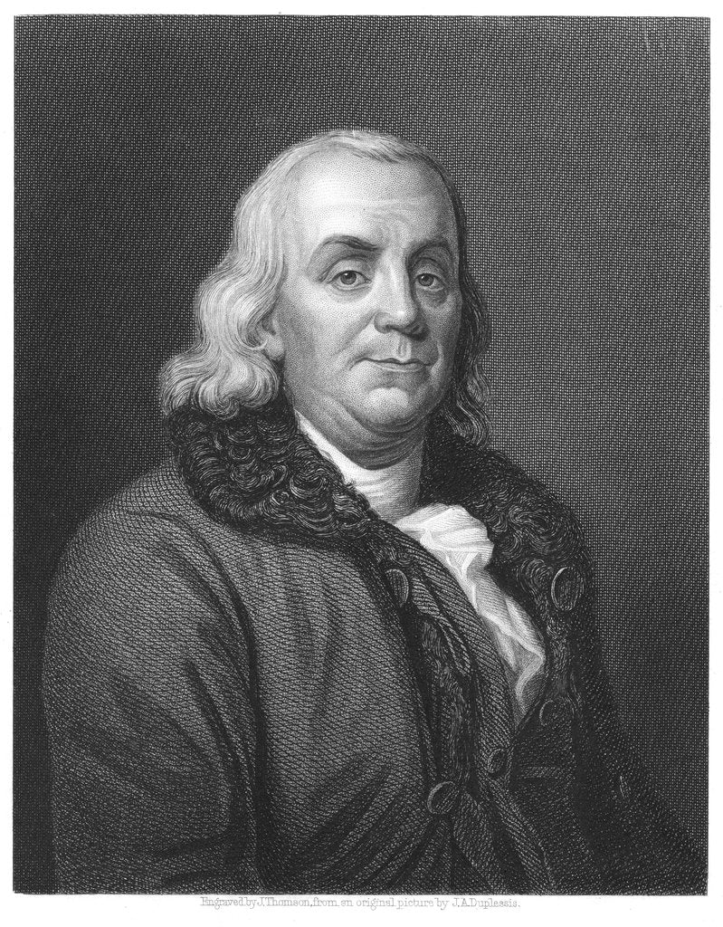 Detail of Benjamin Franklin, 18th century American scientist, inventor and statesman, 1835 by Unknown