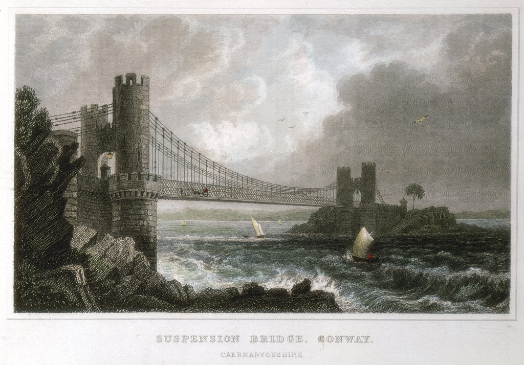 Detail of Suspension bridge over the Conwy estuary, Wales, c1840 by Unknown