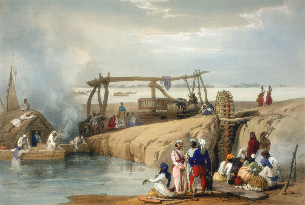 Detail of Persian wheel raising water from the Sutlej River, Punjab, 1842 by James Atkinson