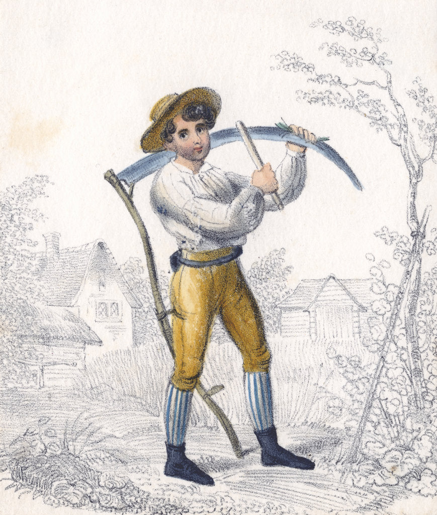 Detail of Reaper/haymaker sharpening his scythe with a whetstone, 19th century by Unknown