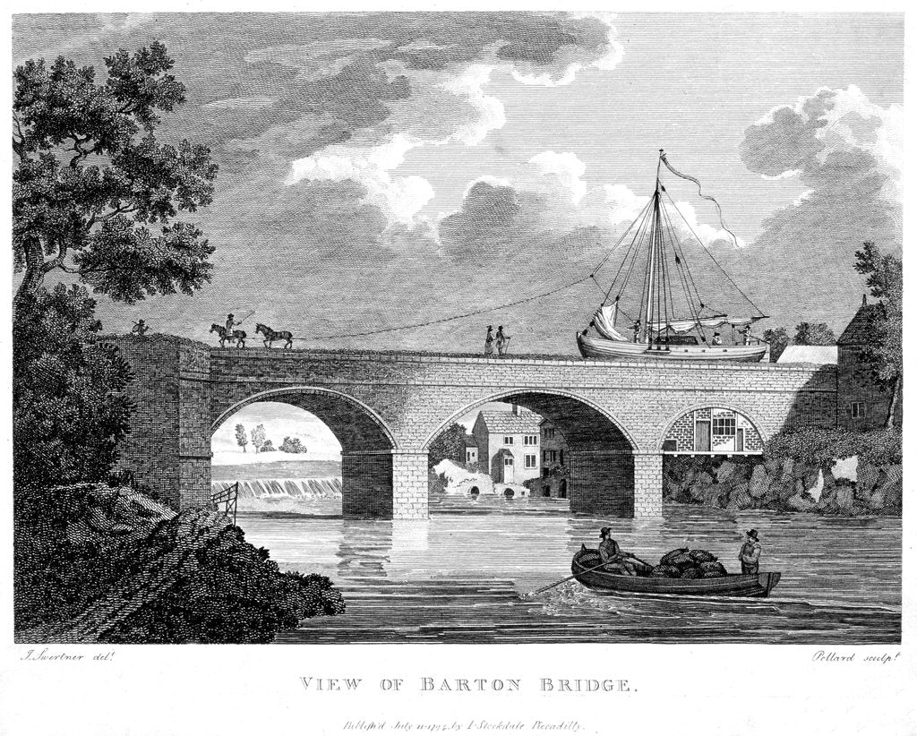 Detail of Barge crossing the Barton aqueduct over the Irwell, Salford, Greater Manchester, c1794 by Robert Pollard