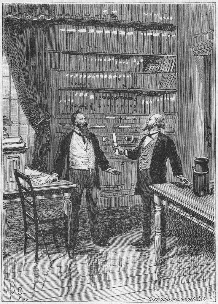 Detail of Elisha Gray, American inventor, presenting the caveat for his telephone, 1876, (c1890) by Unknown