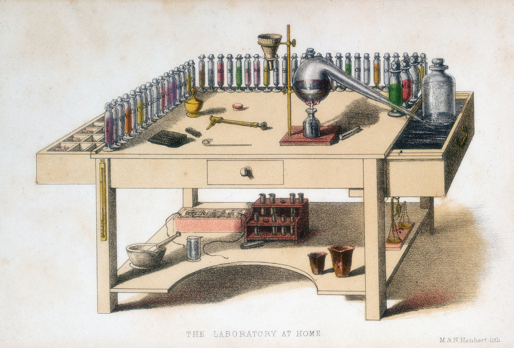 Detail of The amateur chemist's laboratory bench, 1860 by M & N Hanhart