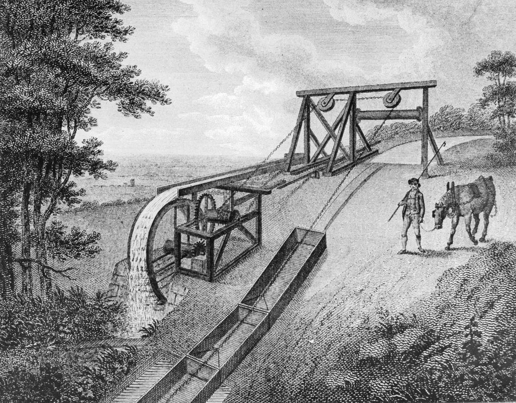 Detail of Inclined plane powered by water wheel in used on a canal, 1796 by Unknown