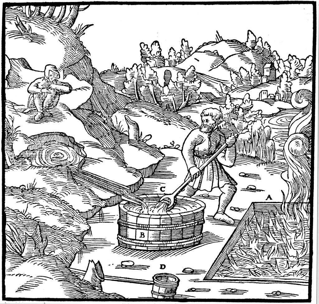 Detail of Producing salt by evaporating natural brine by pouring it into a pit of burning charcoal, 1556 by Unknown