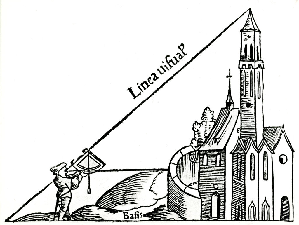 Detail of Using a quadrant with a plumb bob to calculate the height of a tower by triangulation, 1551 by Unknown