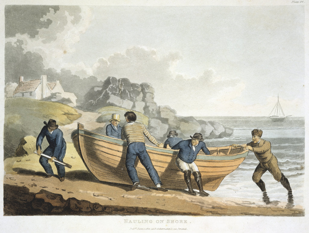 Detail of Seamen hauling a clinker-built dinghy up onto the shore, 1821 by Unknown