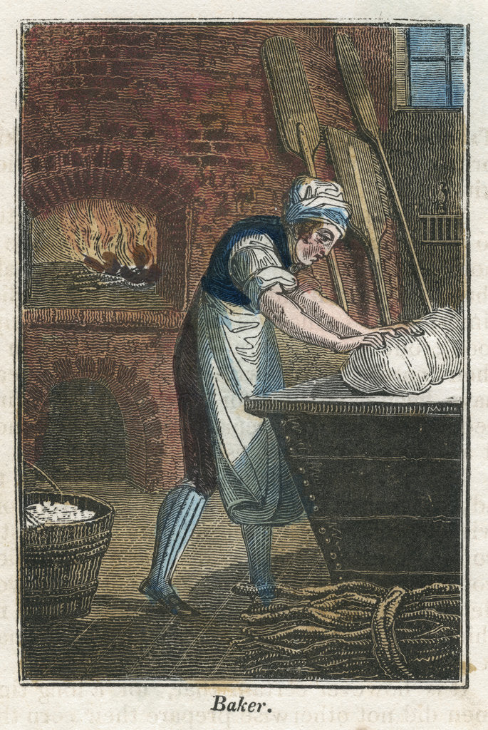 Detail of The baker kneading dough on the lid of a flour bin, 1823 by Unknown