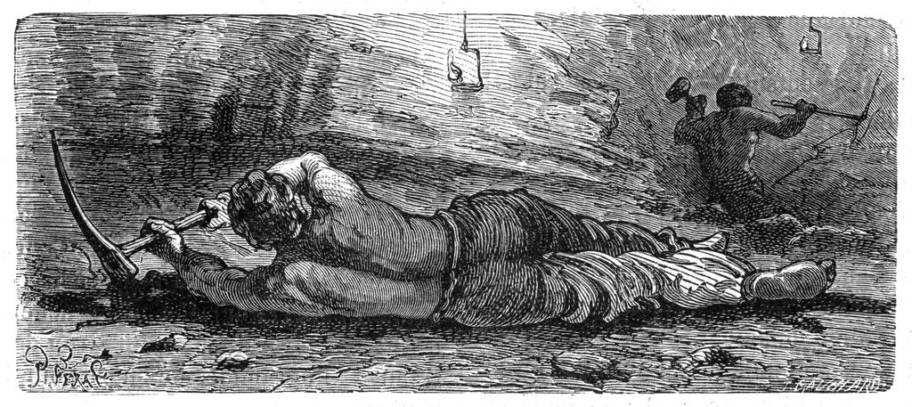 Detail of Early 19th century coal miner working a narrow seam, c1868. by Anonymous