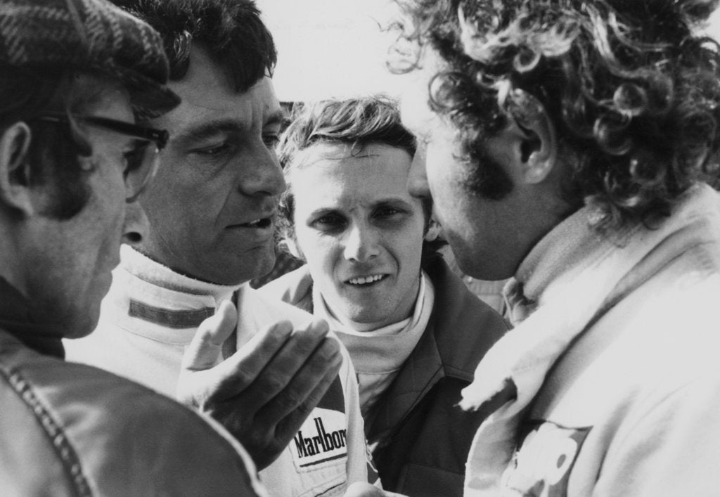 Detail of Mauro Forghieri, Alex Soler-Roig, Niki Lauda and Jocken Mass at Zandvoort, (1972?) by Unknown