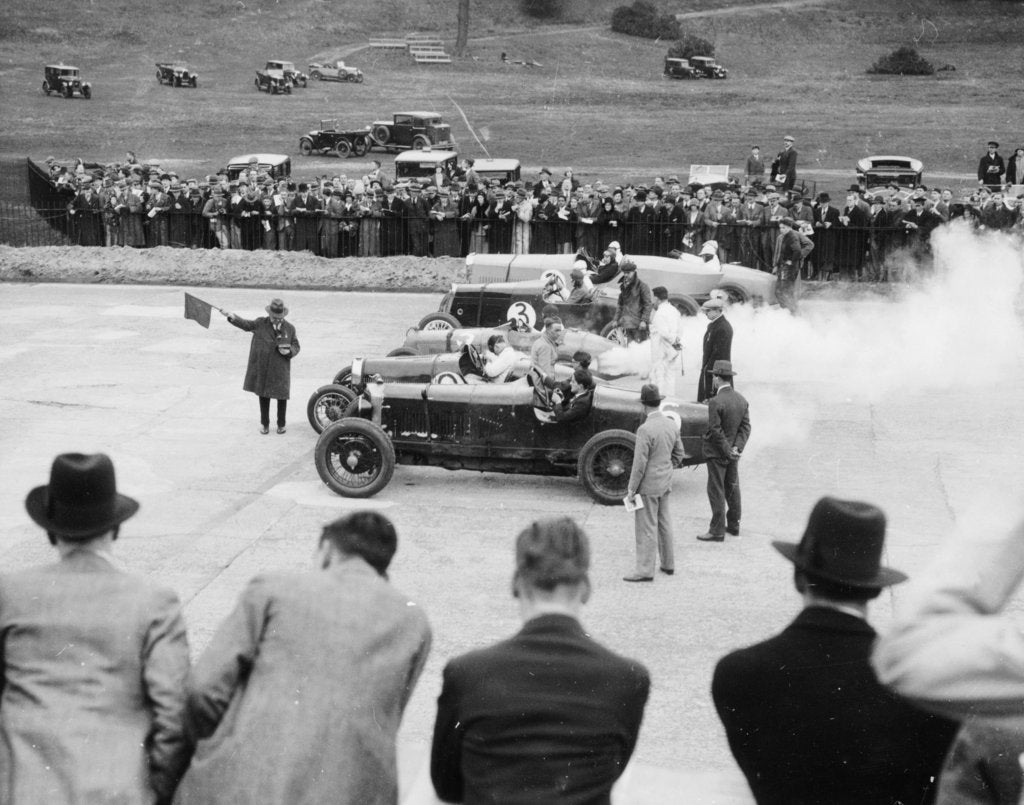 Detail of Cars lined up for the start of a race, Brooklands, Surrey, c 1925-c1930 by Unknown