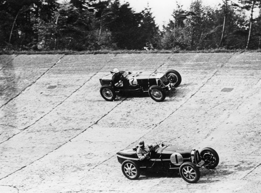 Detail of Maserati and Bugatti in action at Brooklands, Surrey, 1933 by Unknown