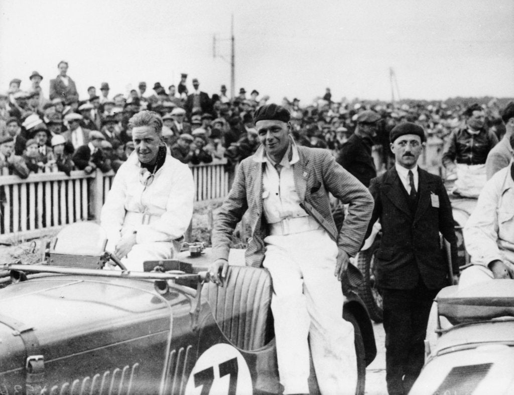 Detail of FS Barnes in the centre, AH Langley to his right, with a Singer Nine Sports car, 1930s by Unknown