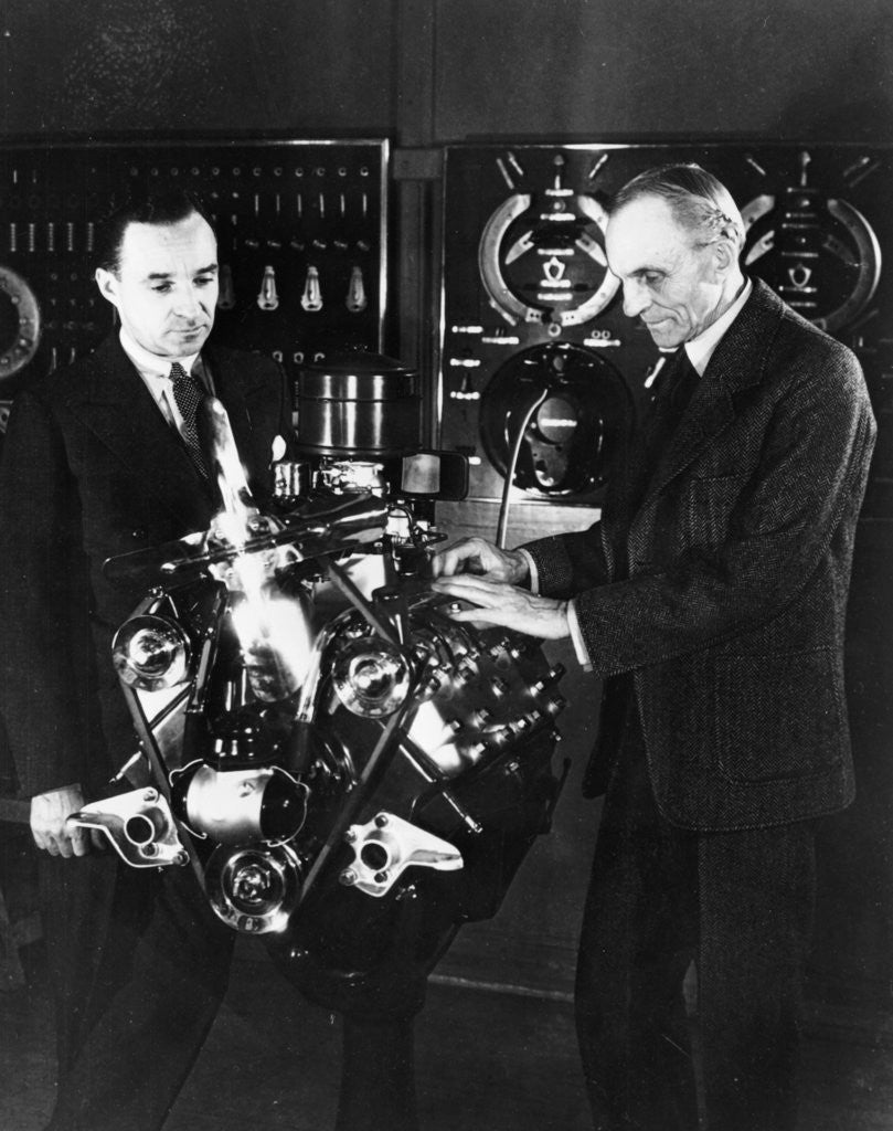 Detail of Henry and Edsel Ford with a Ford V8 engine by Anonymous