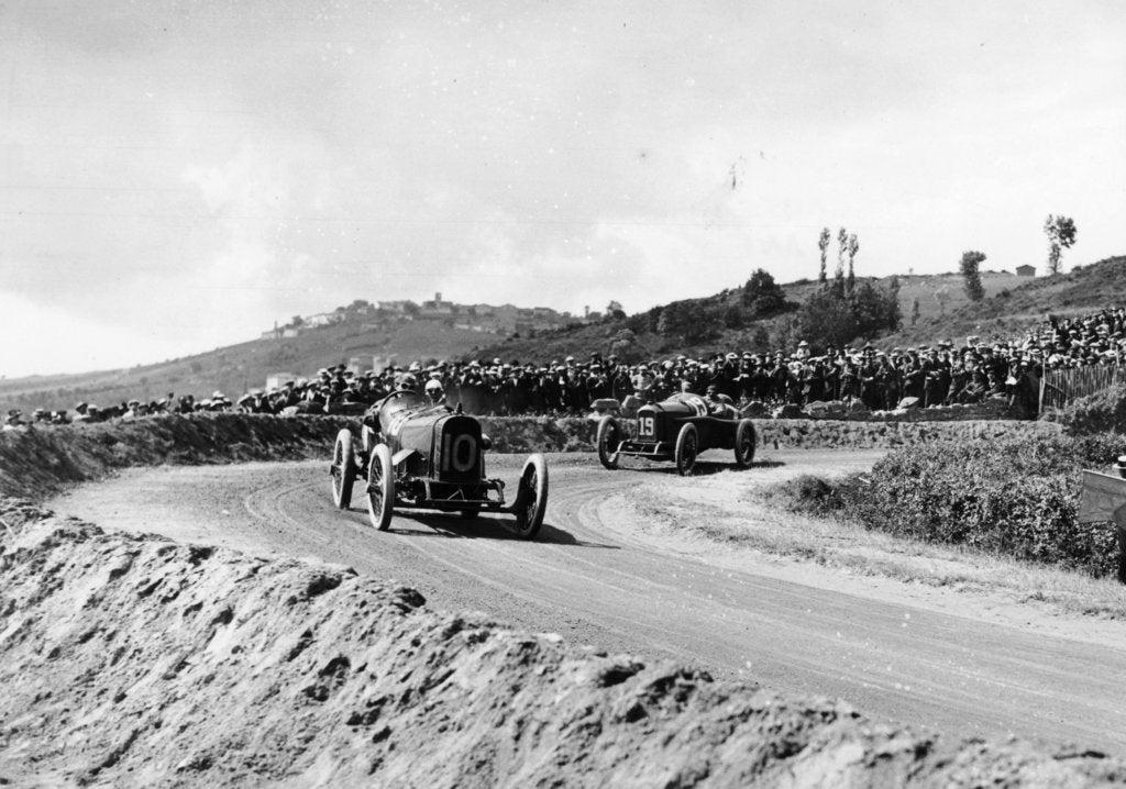 Detail of J Chassagne in the Sunbeam leading Jules Goux in the Peugeot, French Grand Prix, Lyons, 1914 by Unknown