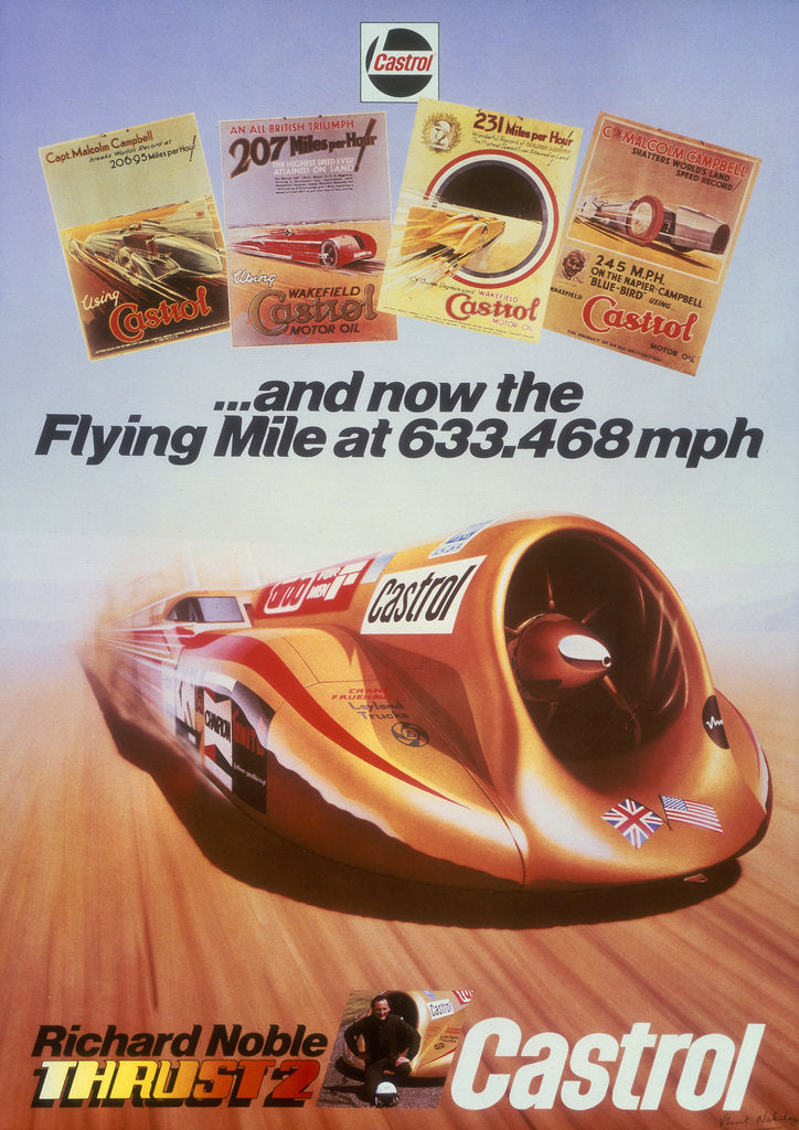 Detail of Poster advertising Castrol, featuring Thrust 2 and Richard Noble, c1983 by Unknown