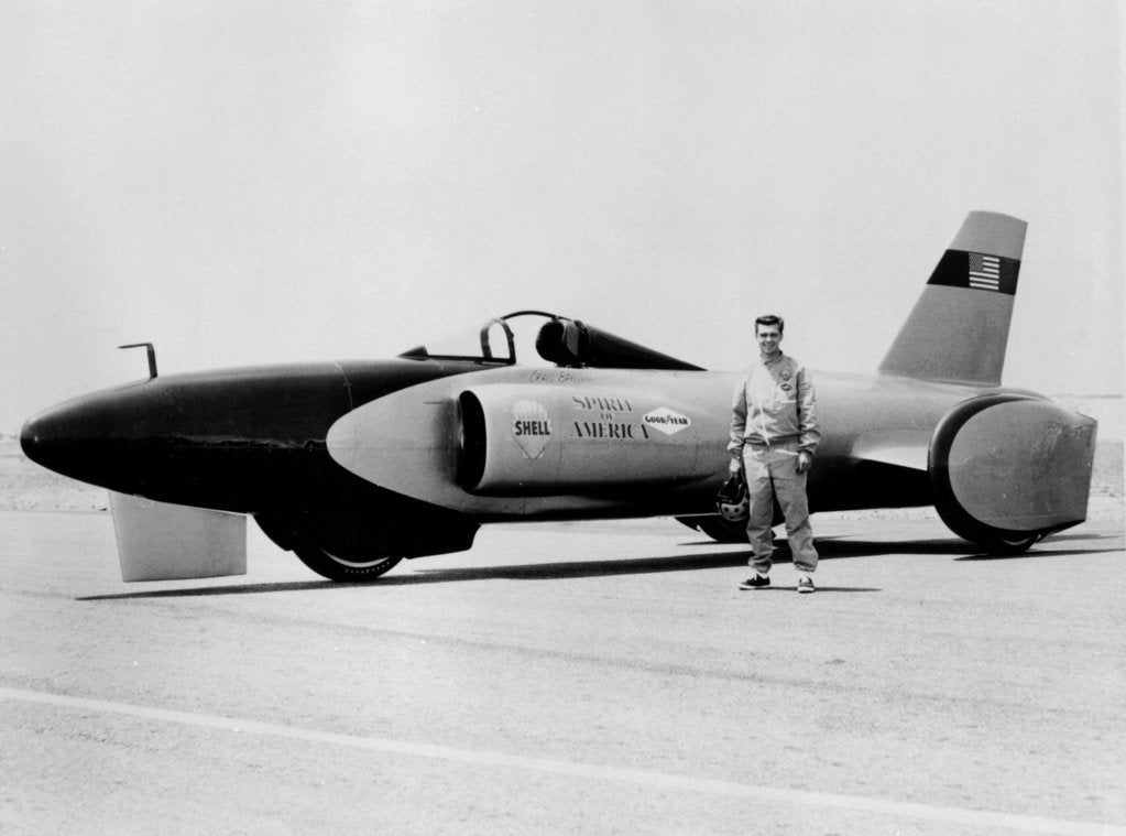 Detail of Craig Breedlove with 'Spirit of America' Land Speed Record car, c1963 by Unknown