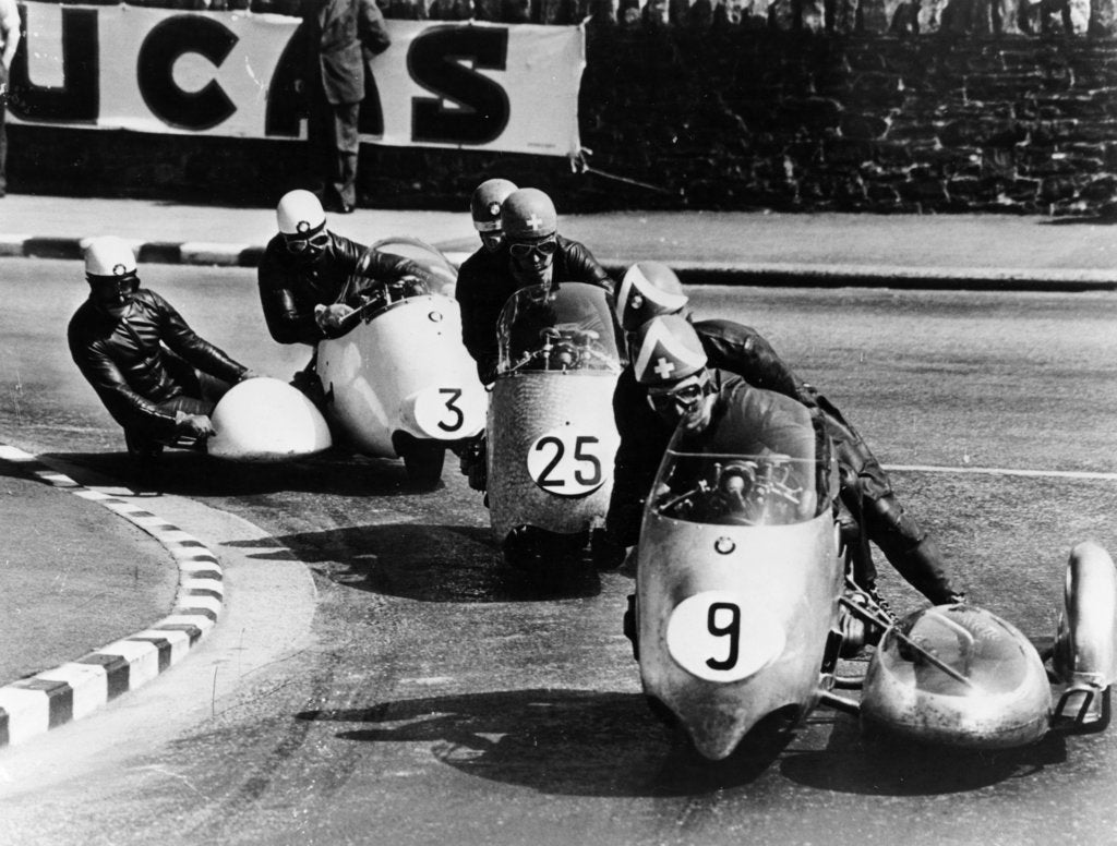 Detail of Fritz Scheidegger, Walter Schneider and Helmut Fath competing in a sidecar race, 1959 by Unknown