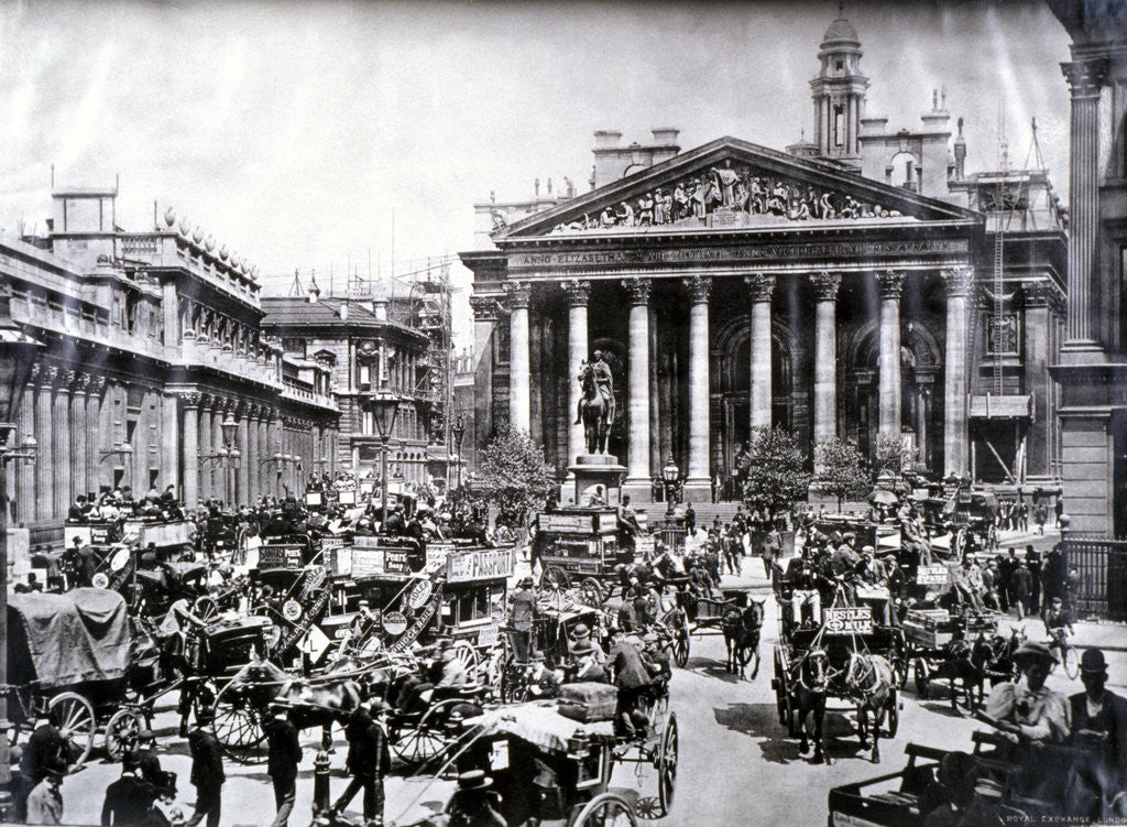 Detail of Crowded street scene in front of the Royal Exchange, London by Anonymous