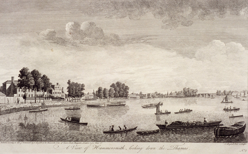 Detail of View of Hammersmith with water craft on the River Thames, Hammersmith by John Boydell