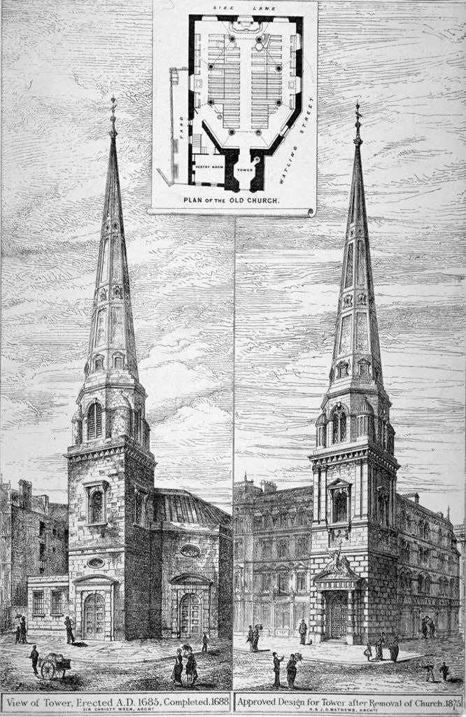 Detail of Two views of the tower of St Antholin, City of London by Anonymous