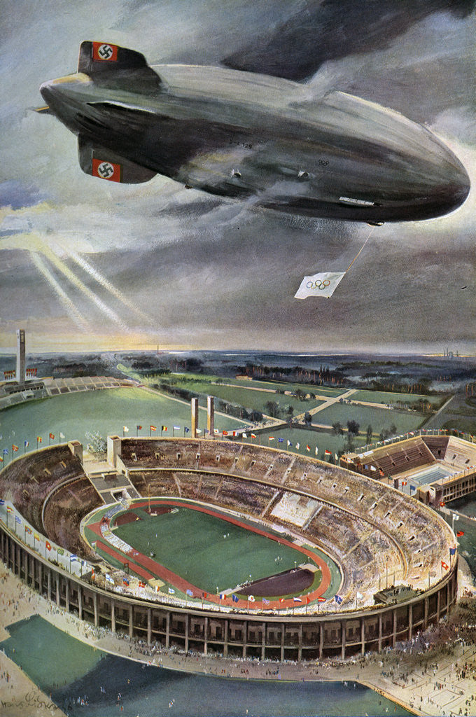 Detail of 'Hindenburg' zeppelin above the Olympic Stadium, Berlin by Anonymous